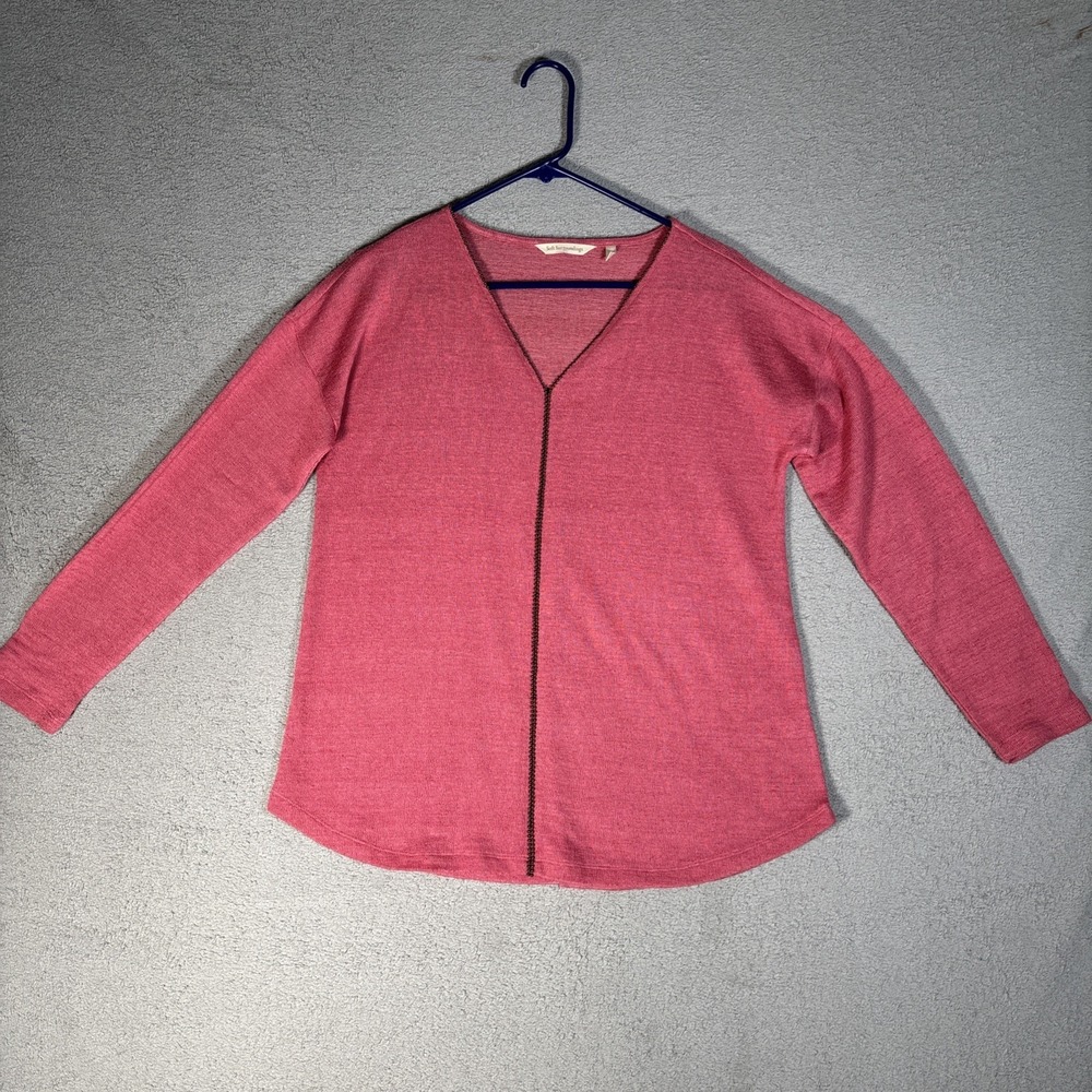 Soft Surroundings Pink V-Neck Knit Top Ball Chain Trim Size M Long Sleeve Cozy